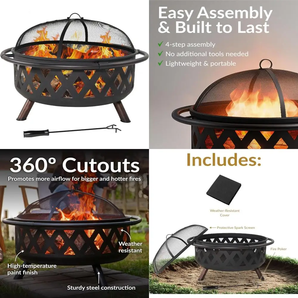 

Wood-Burning Outdoor Fire Pit with Spark Screen, Poker, and Round Cover - 36-Inch, Ideal for Backyard Gatherings