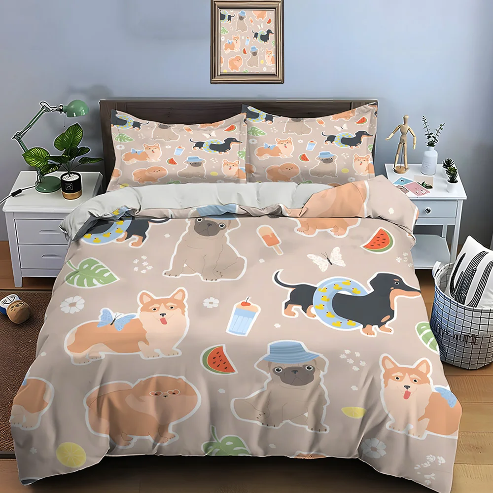 Cartoon summer dog pattern Bedding Set for Kids Luxury Gift 3pcs Digital Print Comforter Set Soft Comfortable Breathable