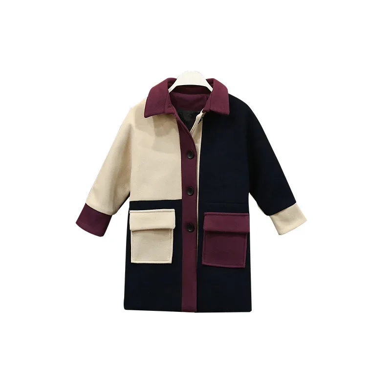 Girls Woolen Coat 2024 New Winter Children Woolen Windbreaker Girls Fashion Outwear Girls Coat Jacket Warm Patchwork Jacket