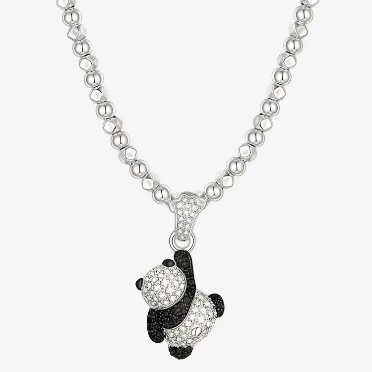 New Chinese Style Silver Color Invisible Inlaid Multi All Zircon Red Panda Necklace Women's Fashion Necklace
