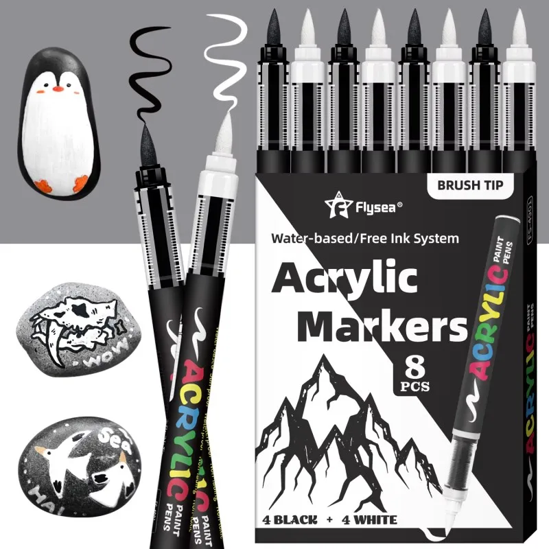 Premium Acrylic Paint Marker Set 8pcs Black & White Large Capacity for Illustration Crafts Glass Wood Textile