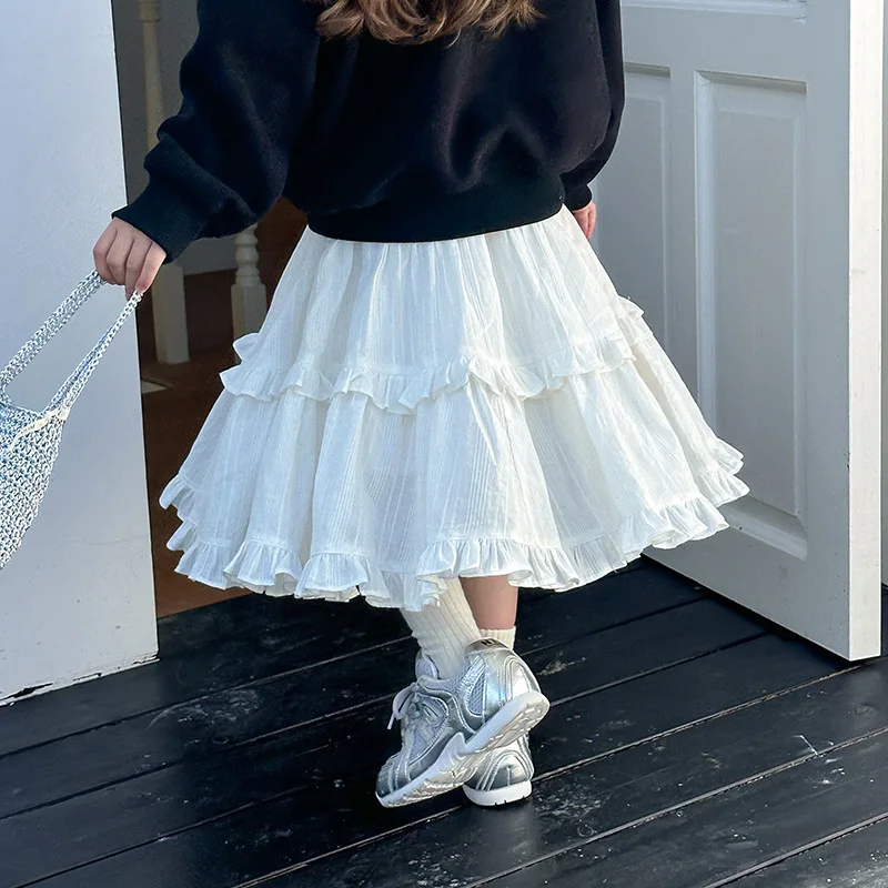 Children Clothes Girls Skirt 2024 Autumn New Temperament Long Layered Princess Casual Sweet Solid Color Lace Cake Skirt