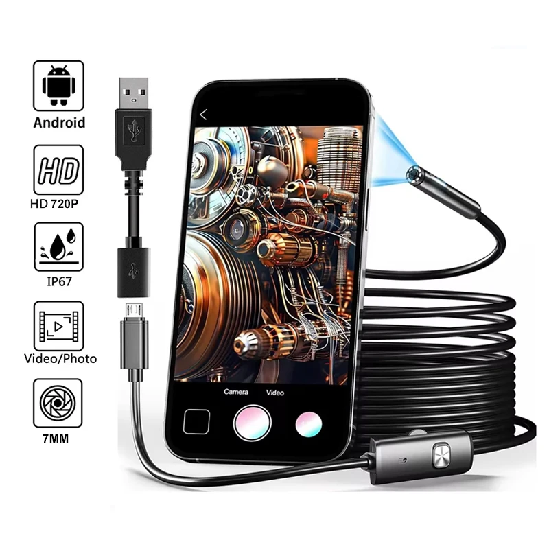 2 IN 1 USB Endoscope for Android Phone Car 7mm Borescope Inspection Snake Camera Industrial Endoscope IP67 Waterproof