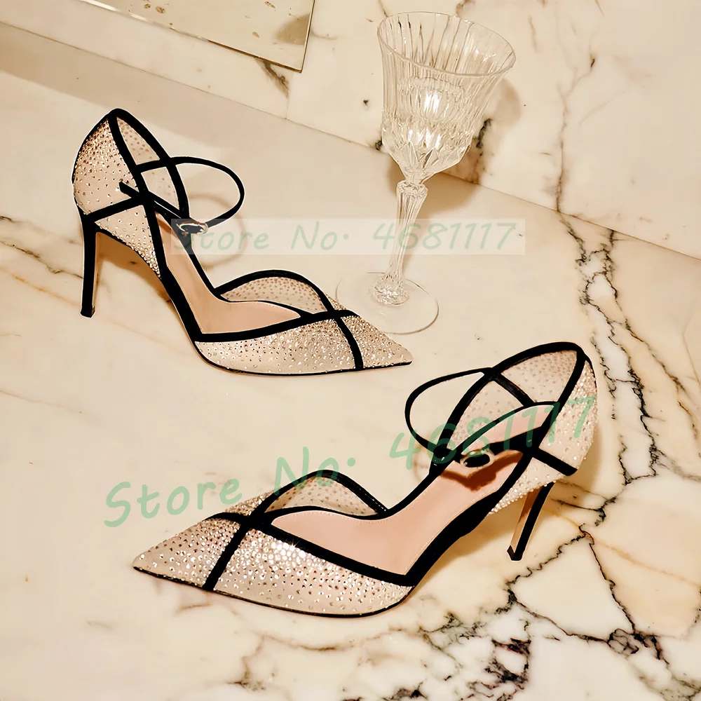 

Shimmer Clear Crystal White Mesh Pumps Women Classy Pointed Toe Cross Strap Stiletto High Heel Ladies Party Cover Heel Sandals