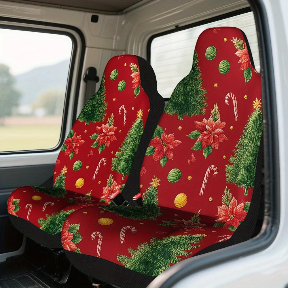 2pcs Christmas Tree And Candy Cane Print Car Seat Covers – Fit For Cars, Trucks, Vans, And SUVs | Durable Front Seat Protectors