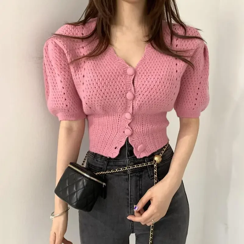 

Chic Spring Summer Coat V-neck Pink Knit Cropped Cardigan Hollow Out Design Slim Short Puff Sleeve Knitwear Women Clothing Trend