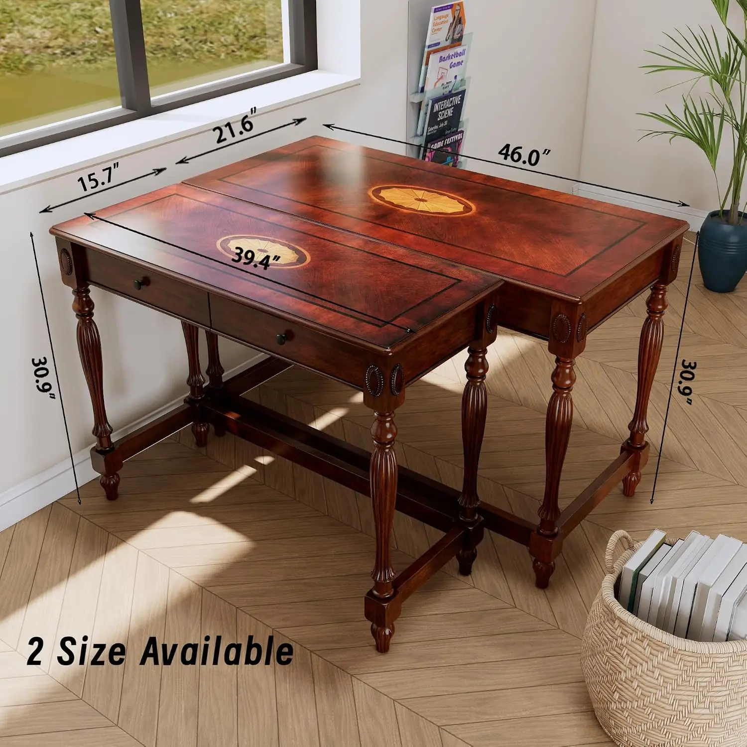 Vintage Solid Wood Writing Desk with Drawers, 46