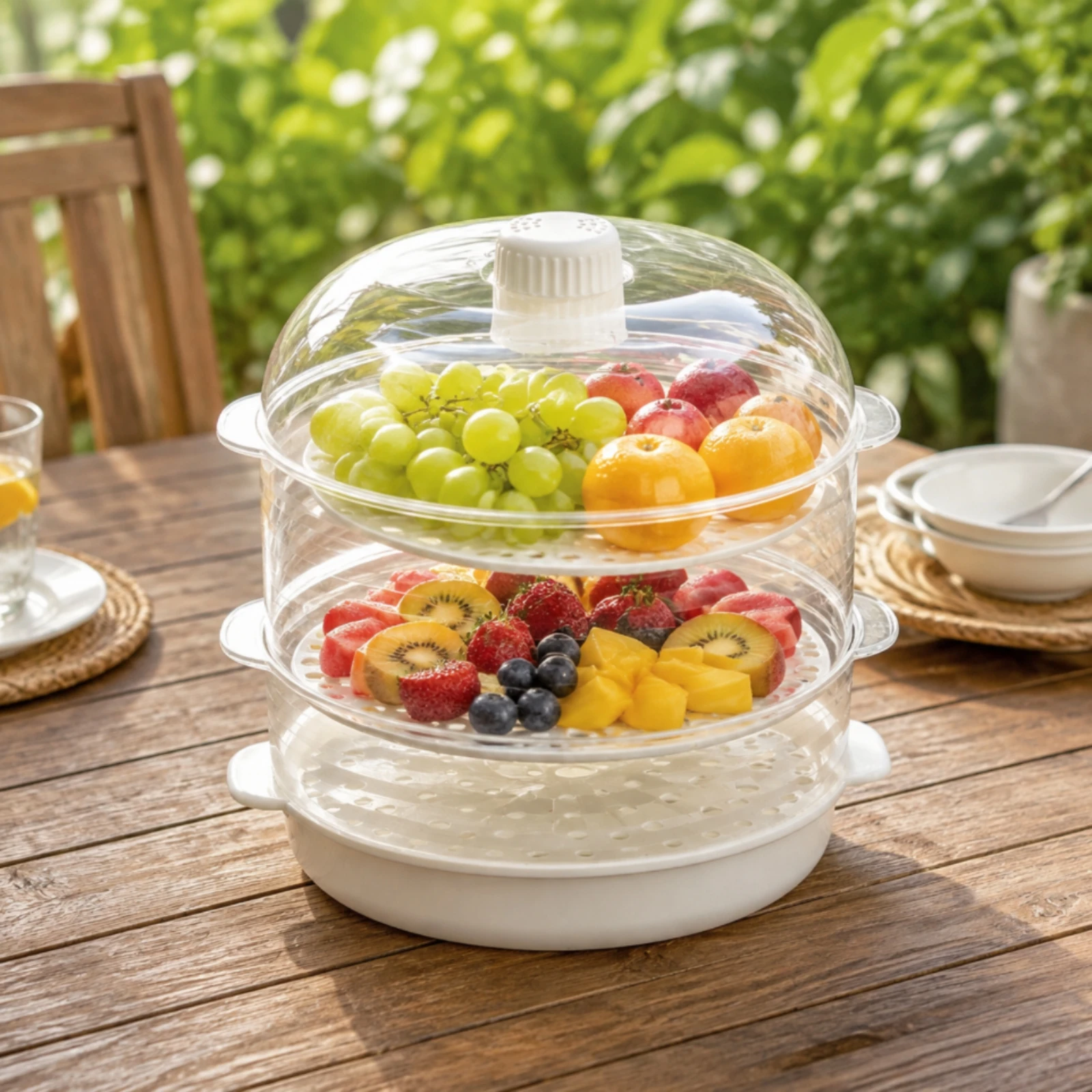 Round Plastic Food Cover with Base Tray Clear Stacking Food Cover with Perforated Trays Space-Efficient Lightweight