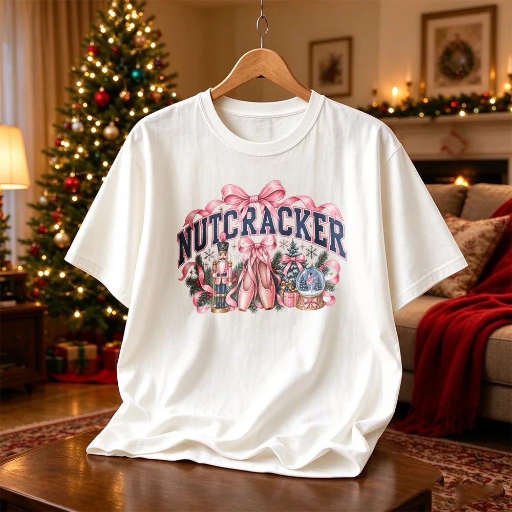 Nutcracker Graphic Tee Pink Bow Ballet Pointe Shoes Snow Globe Christmas Tree Pine Gift  Xmas Ballet Lover Holiday Casual Tops