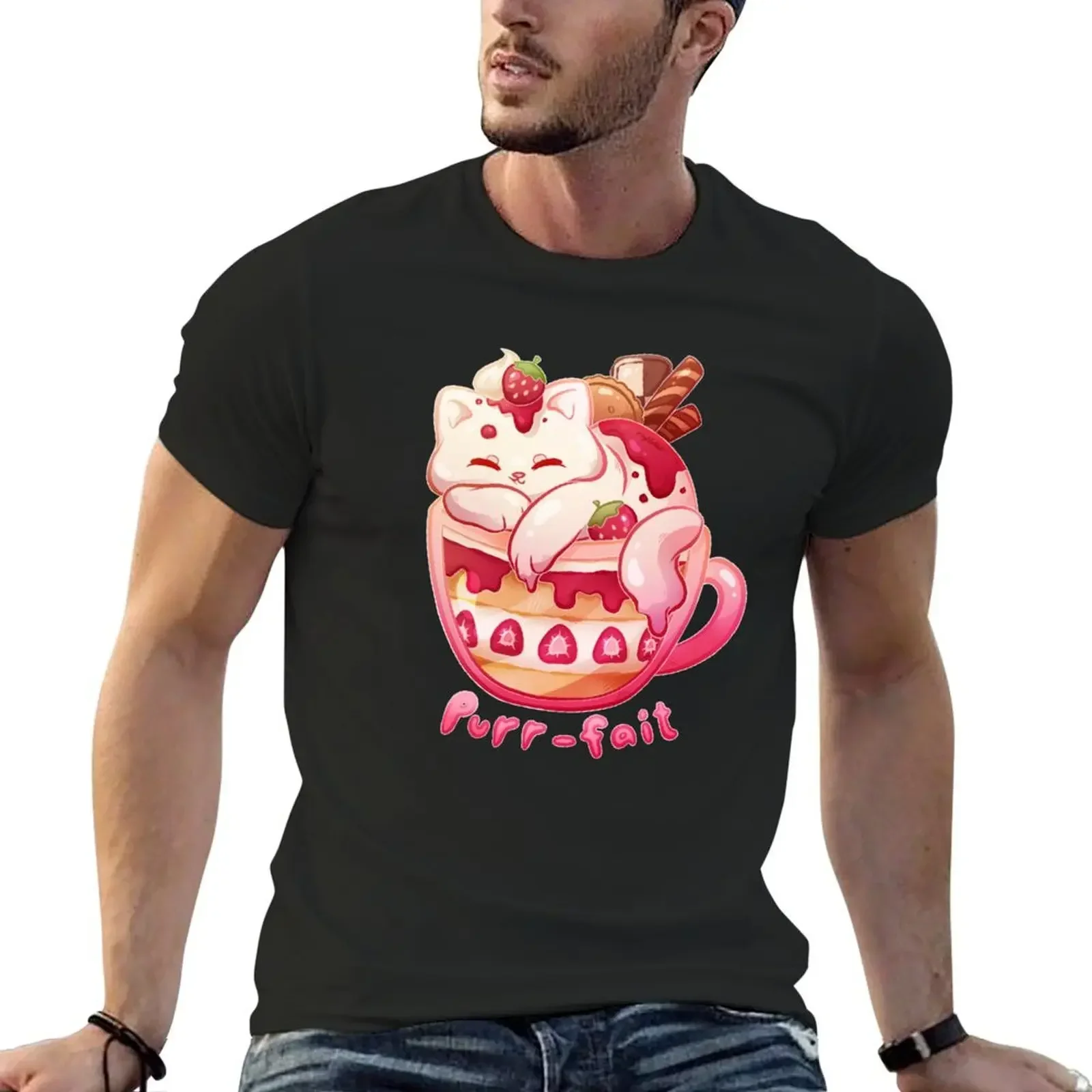 Strawberry Purr-fait T-Shirt anime tshirt kawaii clothes sports fans t shirts for men graphic