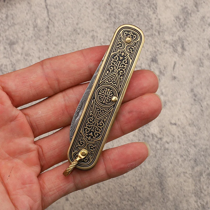 Damascus Steel Folding Knife Outdoor Camping Mini Lockless Portable Pocket Knife Keychain Household Fruit Peeling Knife