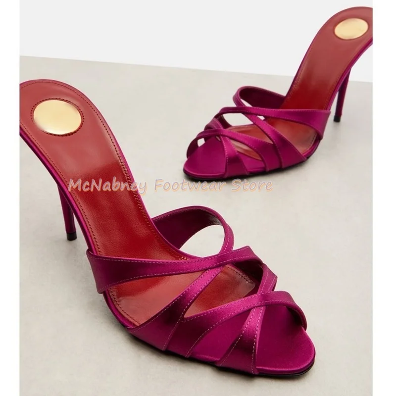 Pointed Stilettos Satin Fabric Cross-Band Roman Style Women's Shoes Claret Handmade Luxury Women's Slippers  Summer Sandals