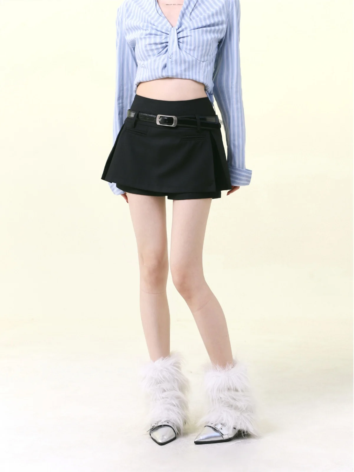 November Academy Style Belted Black Suit Half Skirt Women's Spring Summer Design High Waist Pleated Short Skirt