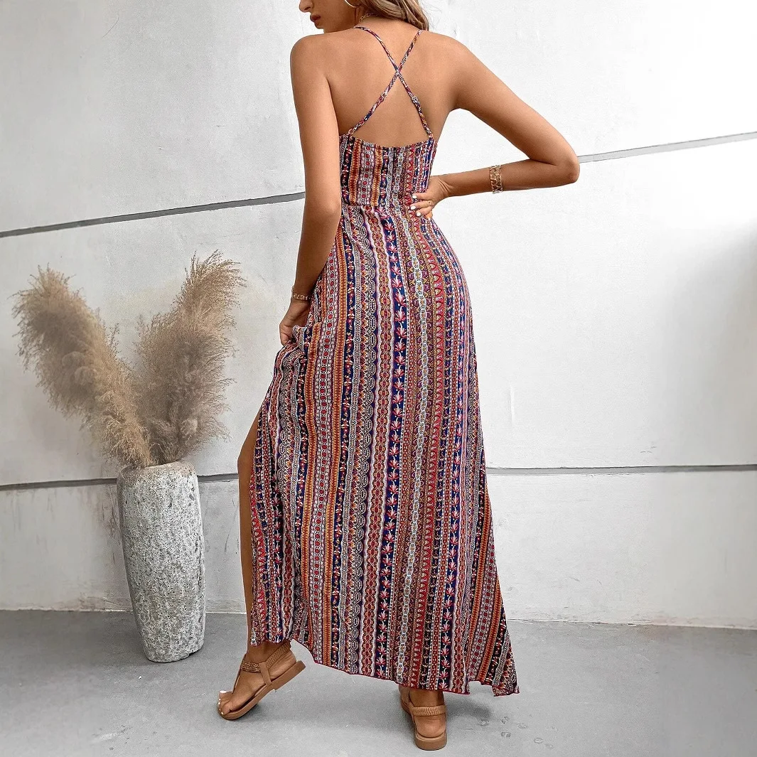 Abito stampato da donna in stile Boho alla moda Abito da canotta sexy con apertura sul retro 2025 Estate Nuovi abiti da spiaggia per le vacanze dimagranti Abiti da donna