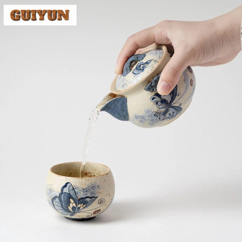 220 مللي الأزرق والأبيض النار الحجر الأحمر سحابة فراشة إبريق الشاي العتيقة الشاي المساعد على التحلل وعاء الشاي تخمير غلاية مع تصفية درينكوير هدية #2