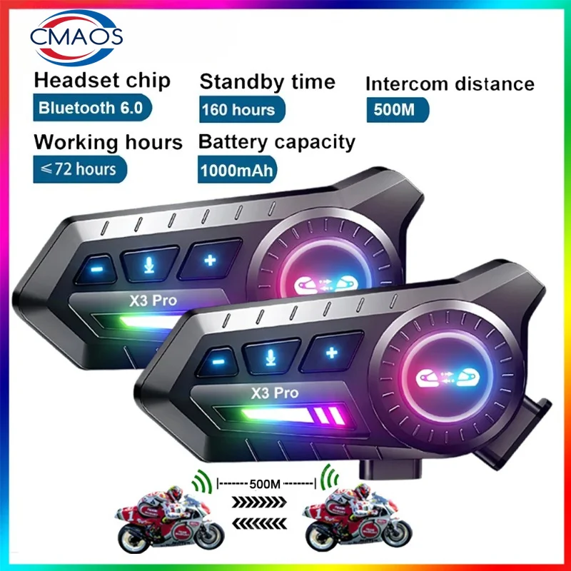 1/2 pièces X3Pro Intercom Bluetooth 6.0 pour moto, portée 500M, batterie 1000mAh, casque intercomunicador, commande vocale, interphone