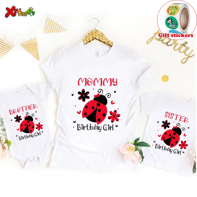 Birthday Girl T Shirt Ladybug Printed T-shirt Family Matching Outfits Kids T Shirt Baby Girl Shirt Give Away Children\'s Stickers