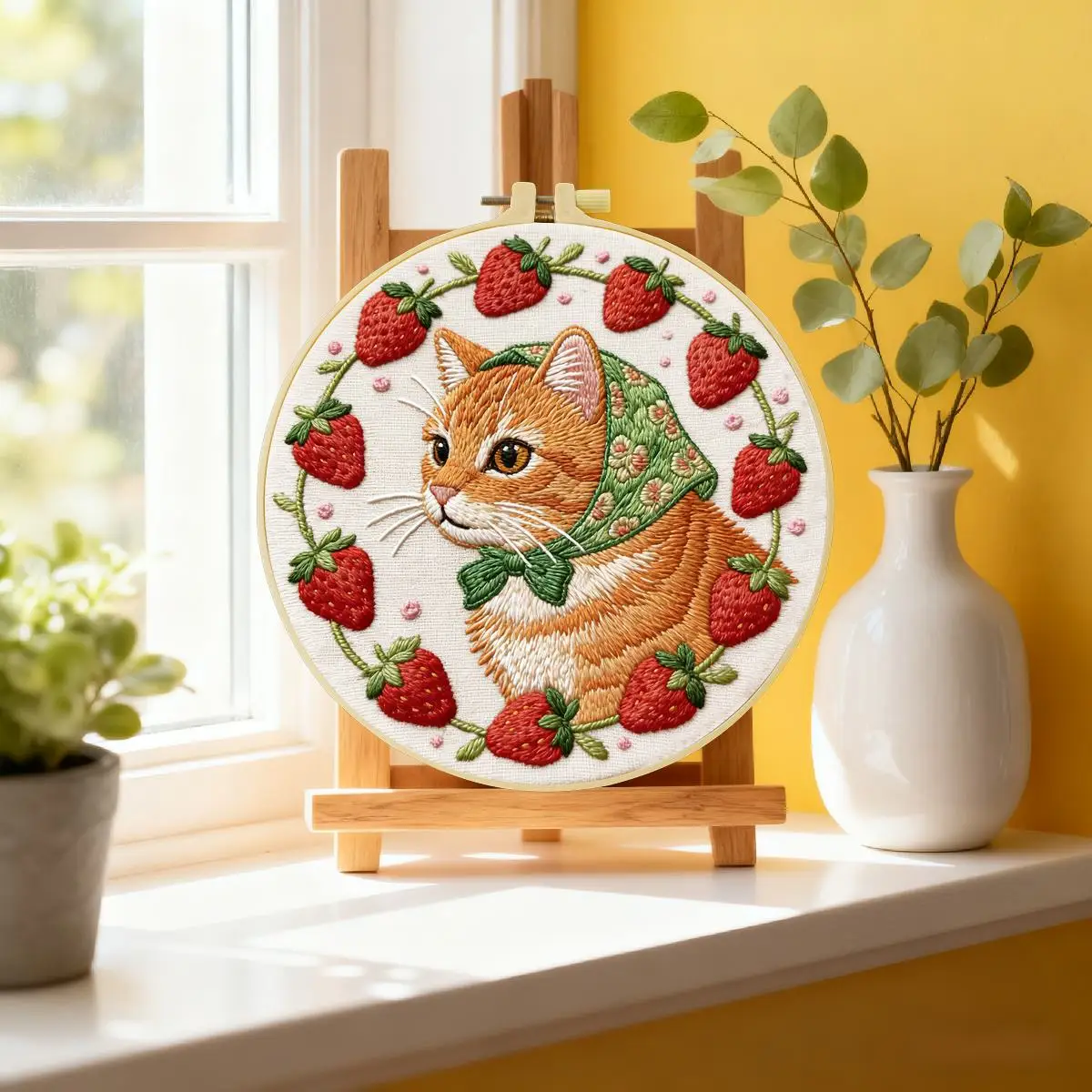 1 Stück 20X20CM/15X15CM 7,87/6,3 Zoll Erdbeer-Kätzchen Stickerei-Starter-Kit DIY-Kit DIY-Stickerei-Set Handarbeiten Malerei – Detail 1