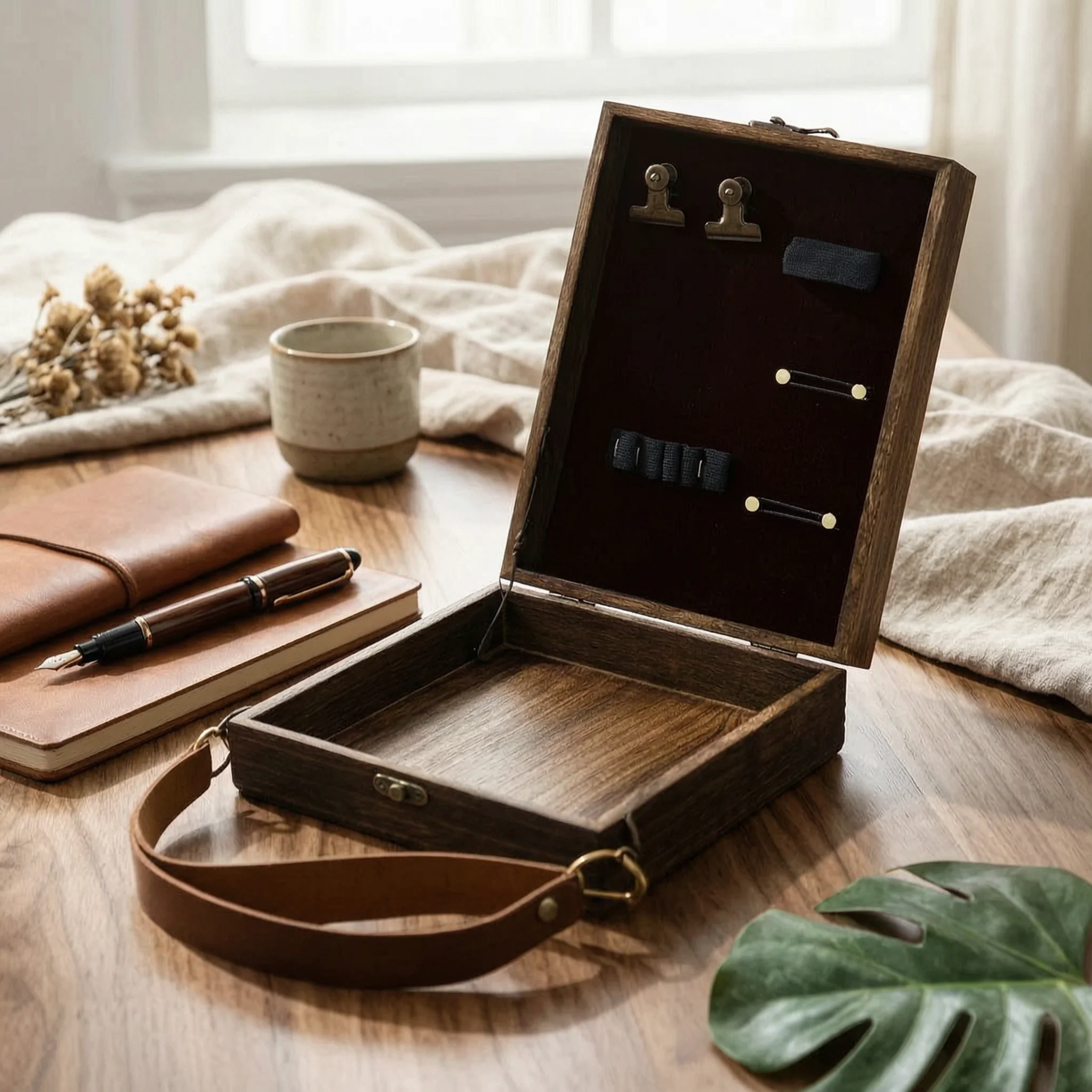 

Wooden Messenger Box with Shoulder Strap Crossbody Sketch Box Briefcase Handmade Stationery Storage Vintage Design for Outdoor