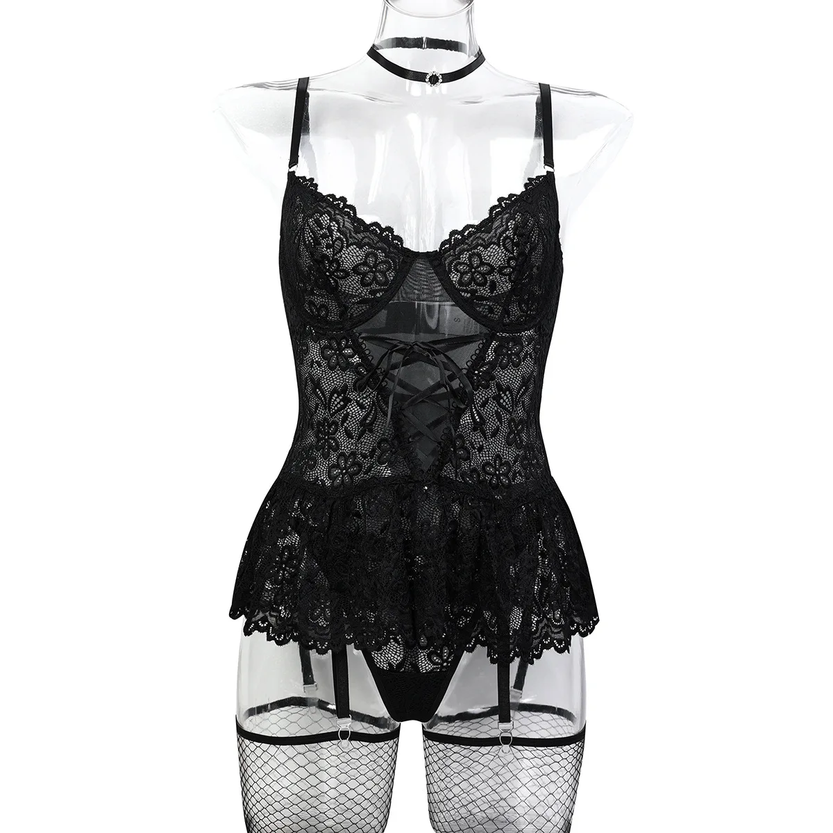 

Сексуальное нижнее белье с сетчатыми носками с кристаллическим воротником, черный кружевной ремень на талии, юбка на подтяжках, женский комплект из четырех предметов