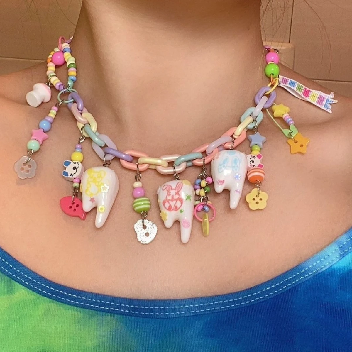Original Teeth Necklace Beaded Pins Cute Playful Design Necklace Versatile Buttons Subculture Decoration Valentine's Day Gift