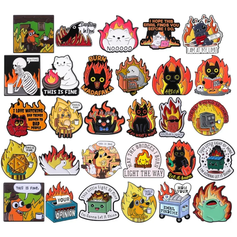 Fire Collection Emaille-Pins „This Is Fine“ Broschen Reversnadeln Katze Hund Kaffee Würfel Motivierende Schmuckgeschenke für Freunde