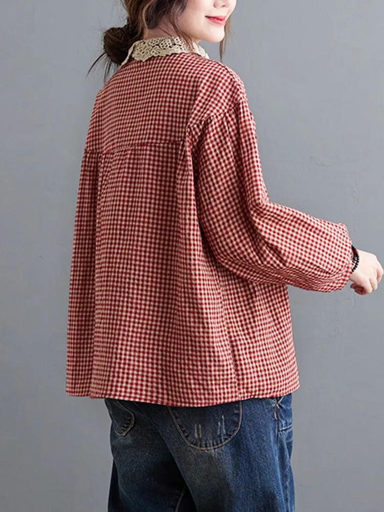 Women Long Sleeve Casual Shirts New 2022 Spring Simple Style Lace Collar Vintage Plaid Loose Female Cotton Tops B1633