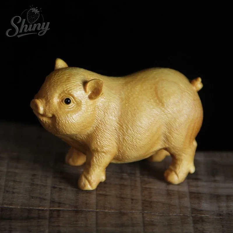 ツゲの木彫りフォーチュン豚ハンドルピースかわいい中国の干支豚ハンドルピース小動物デスクトップ装飾品