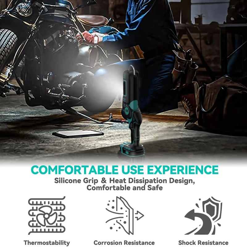 マキタ18Vリチウムイオンバッテリー対応 コードレスLED作業灯 フック付き 回転ヘッド 1200ルーメン 折りたたみ式ライト 作業場 キャンプ アウトドア用