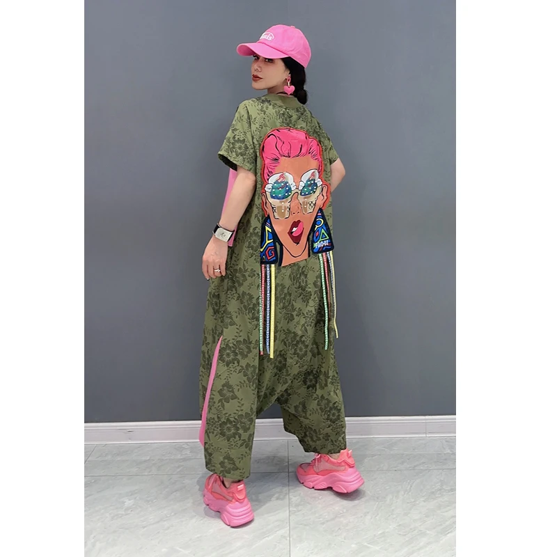 Vefadisa 2024 Zomer Nieuwe Jumpsuit Patchwork Print Patroon Korte Mouwen Broek Loszittende Vrouwen Kleding Jumpsuit Wxy236