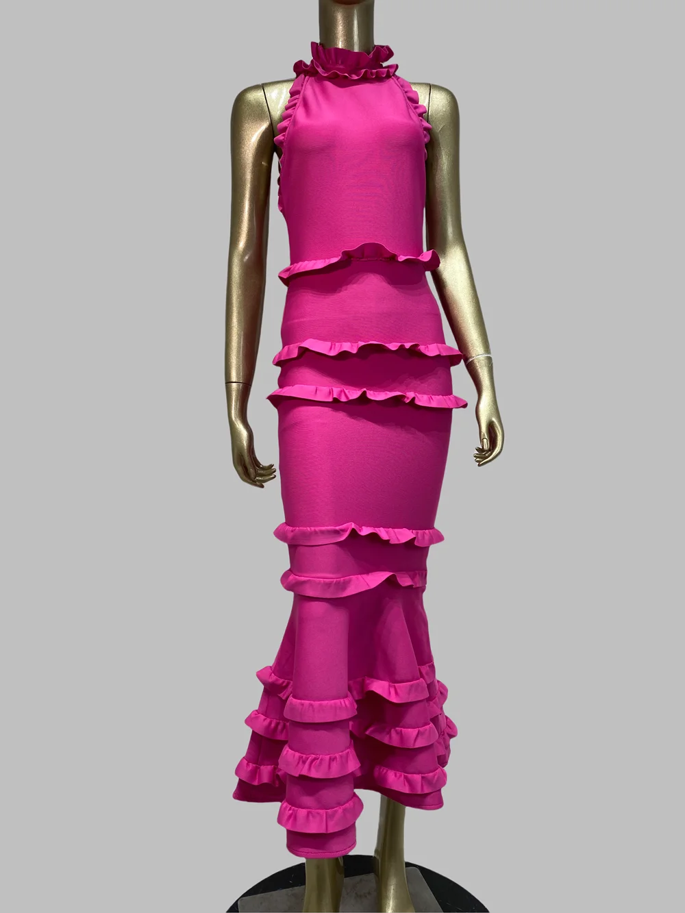 

Women Elegant Hot Pink Party Bandage Dress Sleeveless Turtleneck Maxi Long Flare Dresses Celebrity Evening Gala Gowns