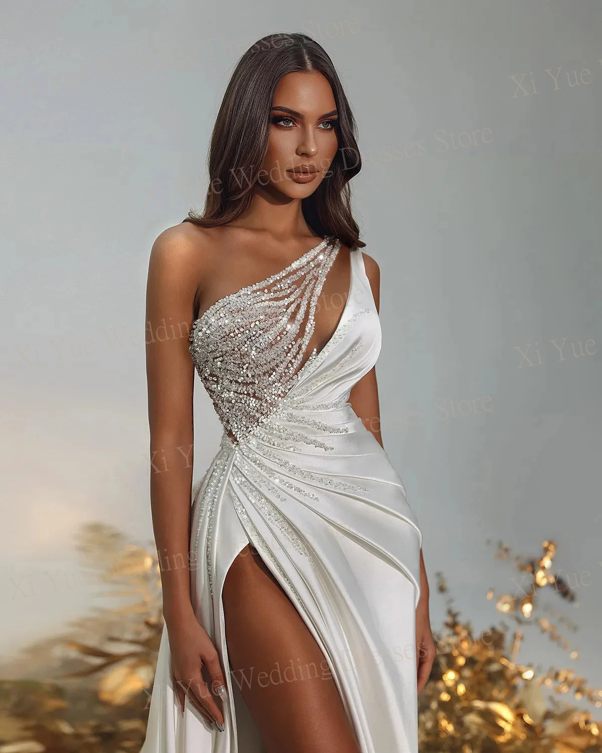 Um ombro vestidos de lantejoulas, vestidos de noiva sem encosto, um cetim linha, Sexy High Side, bonito e simples, novo