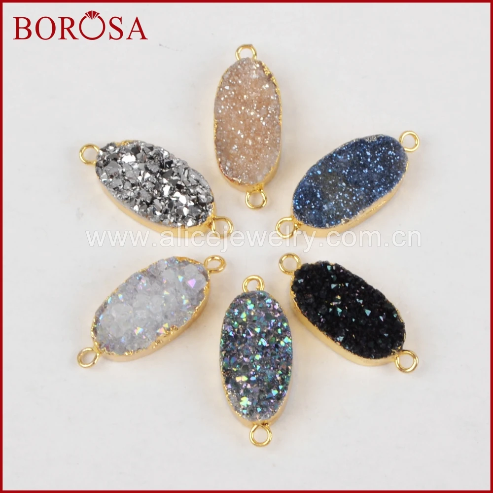 

Delicate Oval Rainbow Natural Agate Titanium Druzy Connector Double Bails for Bracelet/Necklace Women Jewelry Making