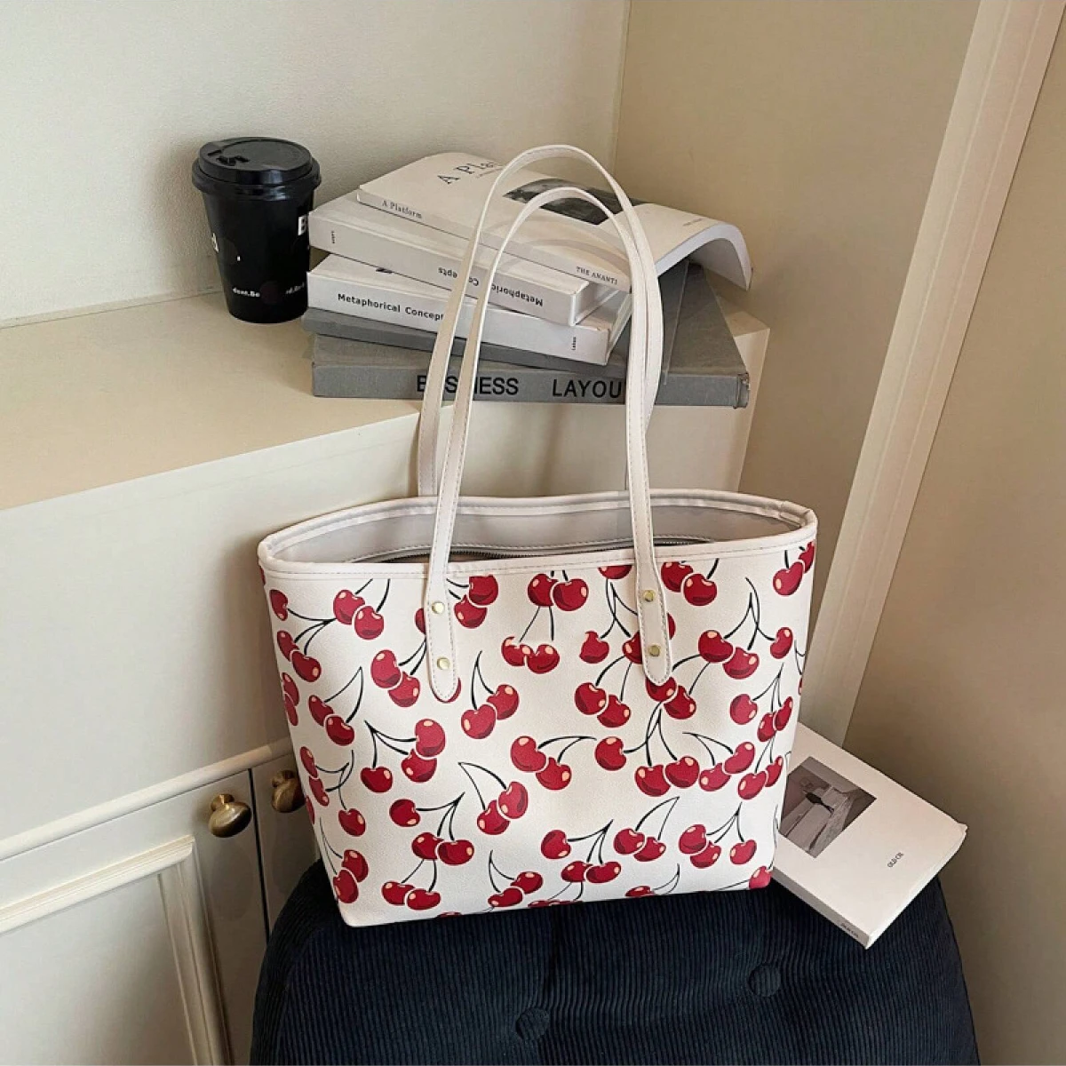 Fashion Cherry Print Large Capacity Tote Bag Versatile Everyday Carryall, Ideal for Commute, Shopping, and Leisure