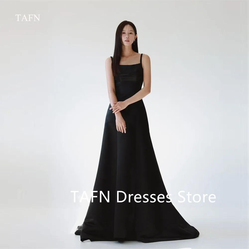 TAFN Simple Black Formal Evening Dresses Korea Photo shoot Straps Cut-Out Waist Floor length Beach Formal Party Dress Customized