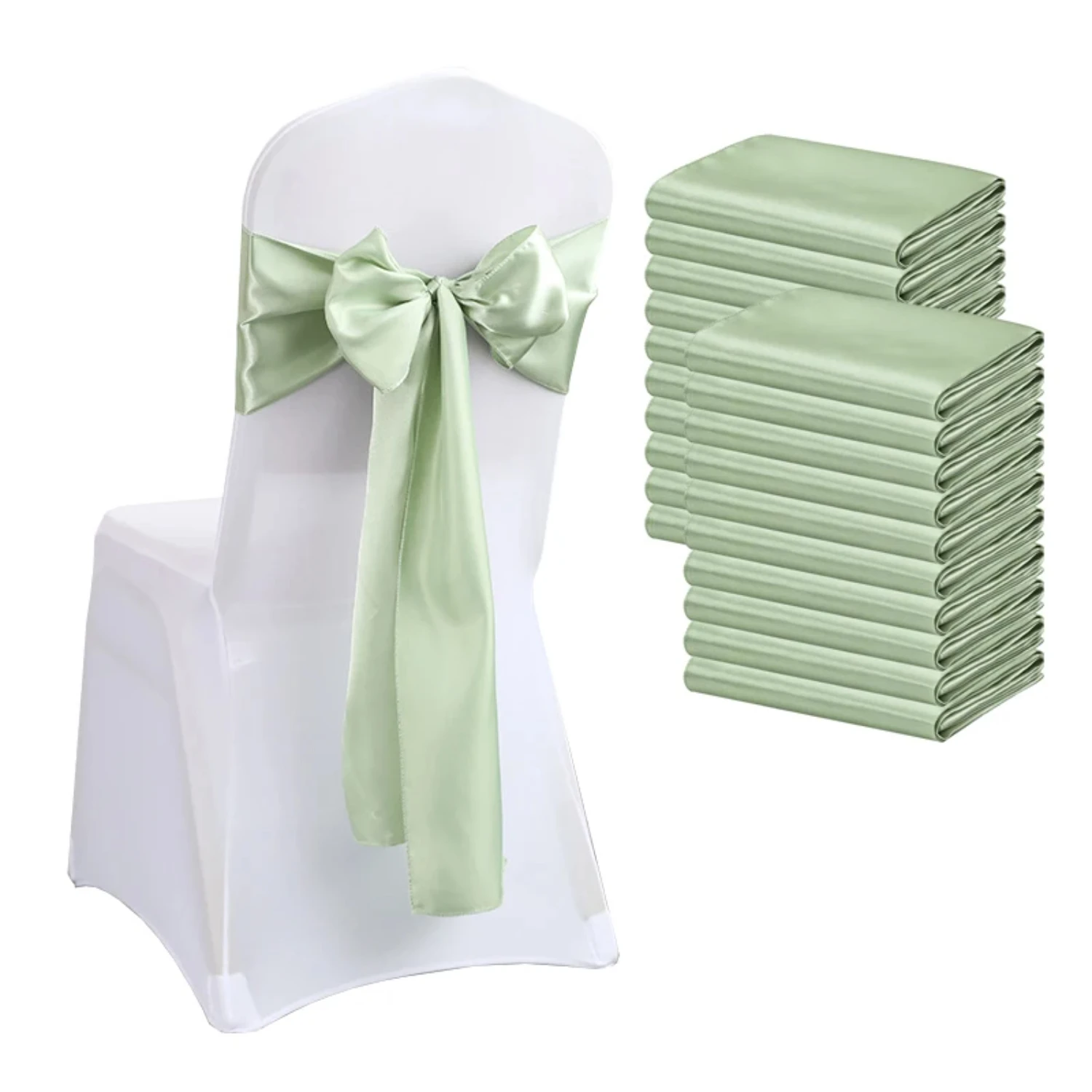 

10PCS 17x275cm Sage Green Satin Chair Sashes Bows Chair Cover Ribbons Wedding Banquet Party Baby Shower Event Decorations