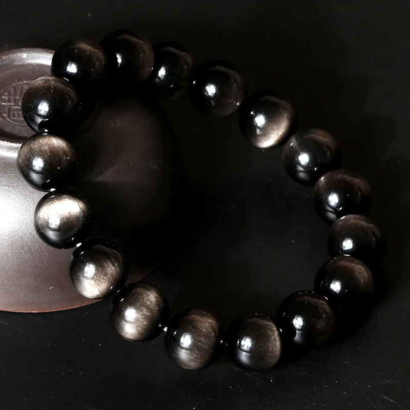 Natural Silver Obsidian Flash Cat Eye Bracelet Women Men Silver Obsidian Stretch Round Beads Crystal 12mm 13mm 14mm 15mm AAAAA