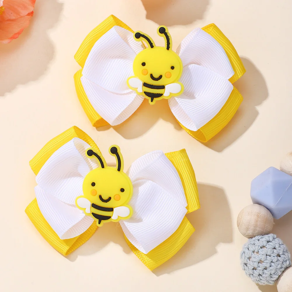 2Pcs/set Bee Hair Bow Clips Double Layer Solid Ribbon Bows Hairpins for Kids Girls Unique Barrettes Hair Accessories Headwear