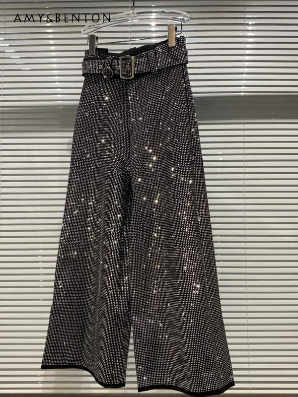 

Autumn New Fashion Personality Heavy Embroidery Hot Drilling Shiny Wide Leg Pants Commute Style High Waist Slim Straight Pants