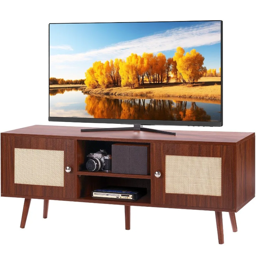 

Rattan TV Stand Boho TV Cabinet for 55 inch TV Mid Century Modern TV Stand Rattan TV Console with Adjustable Shelfs for Living