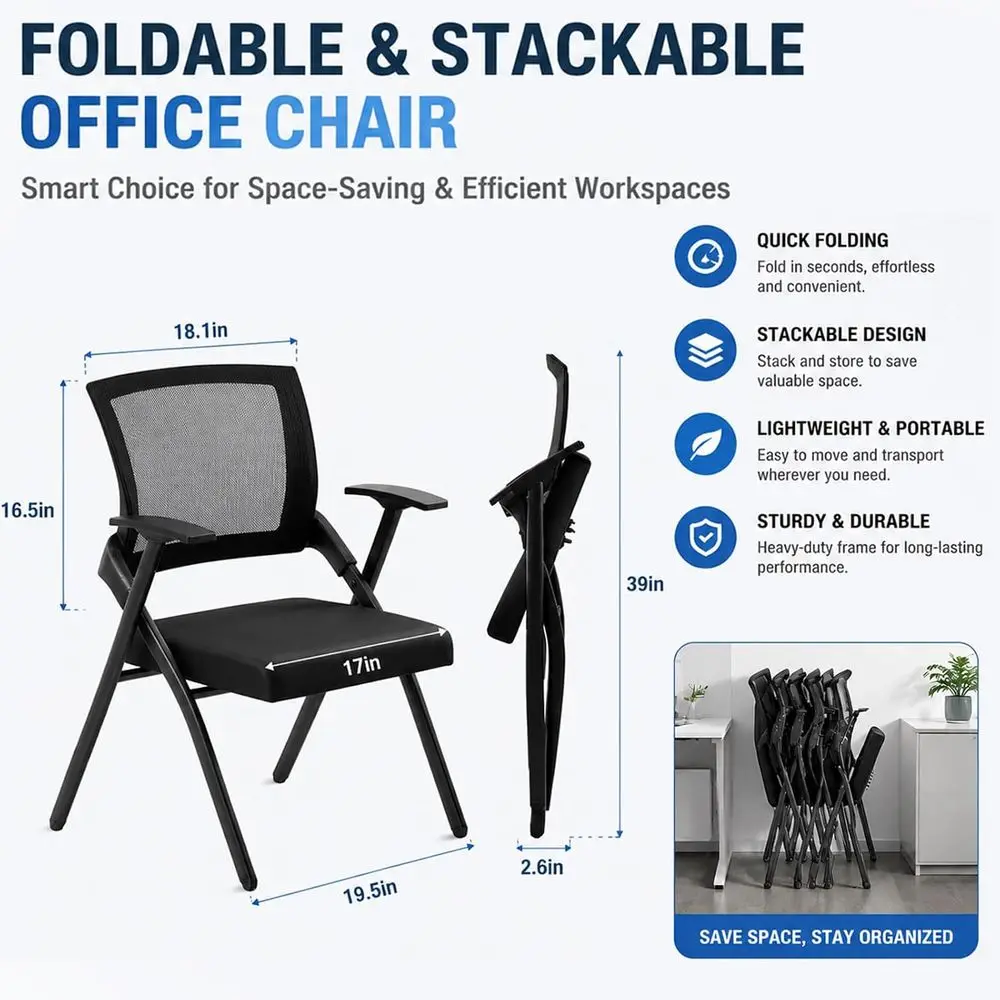 Dual-Wheeled Conference Chairs with Lumbar Support, Smooth Armrests, Stackable for Office, School, or Church Use, Including Writ view 2