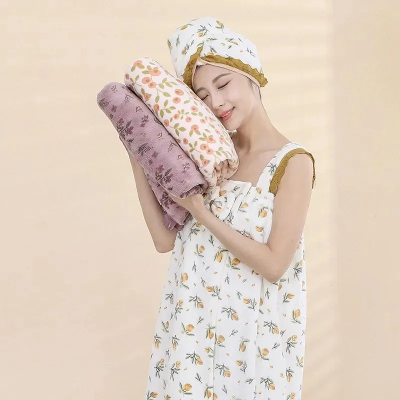 New Style Strapless Bathrobe Lightweight Quick-Drying Set Including Bath Cap Home-Use Hair-Drying Cap Kit + Wearable Bath Skirt.