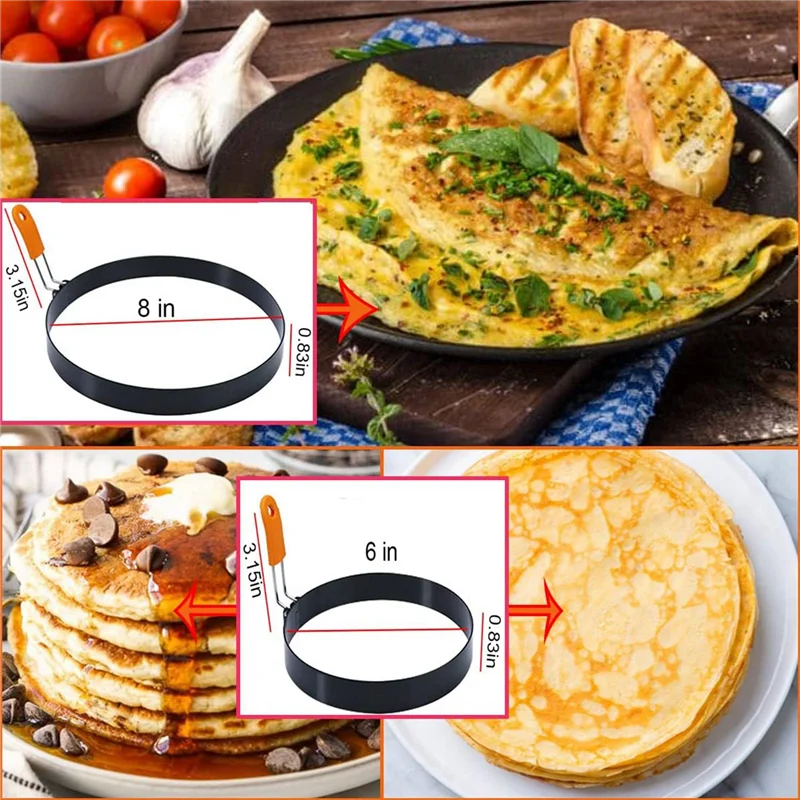 【NEW】3 Packs Egg Rings For Griddle Frying Egg 3.5 Inch Egg Ring 6 Inch Pancake Mold 8 Inch Omelet Ring Non-Stick
