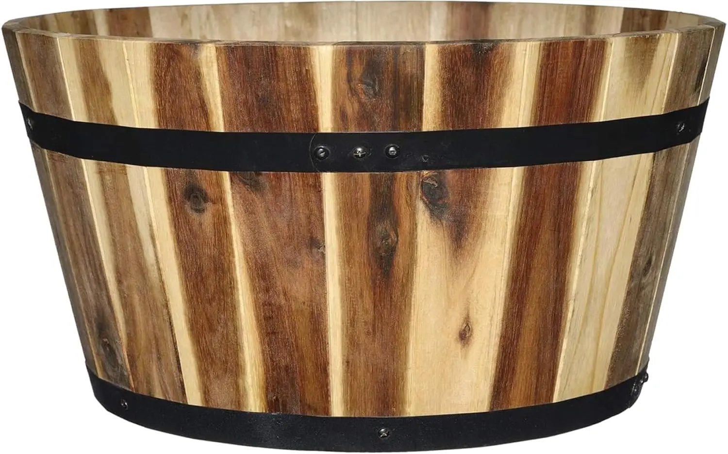 

21" Acacia Wood Whiskey Barrel Planter with Metal Bands, Rustic Garden Decor