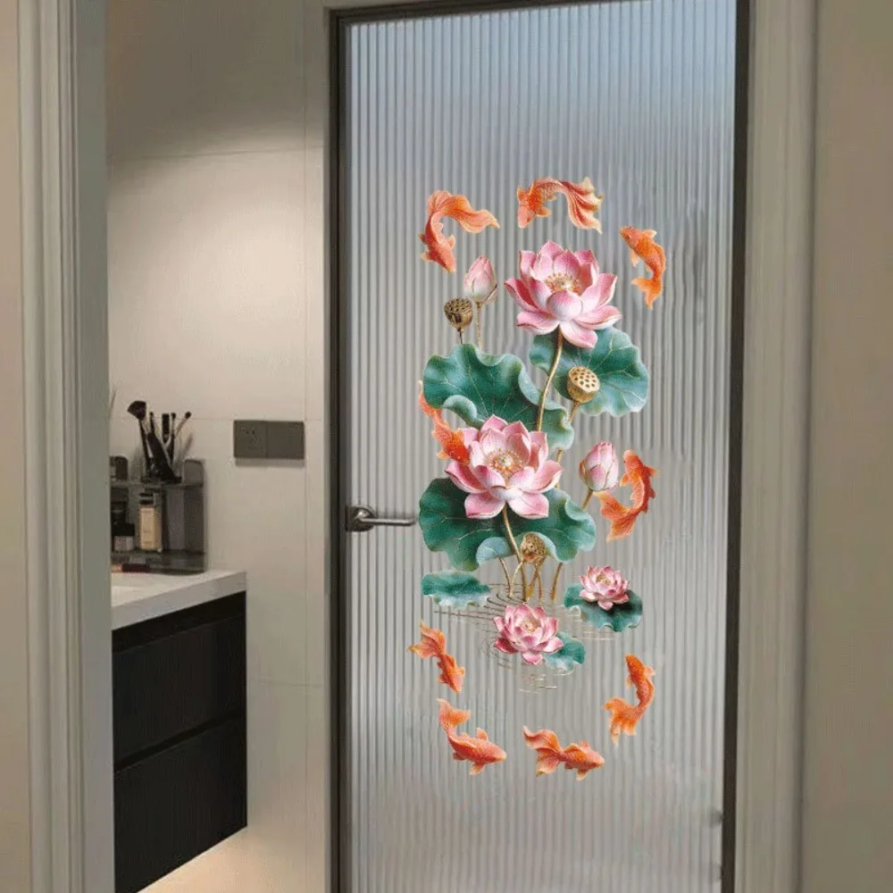 Anti Static Flower Koi Sticker PVC Semi Transparent Golden Lotus Wall Sticker 3D Effect Waterproof Glass Door Sticker