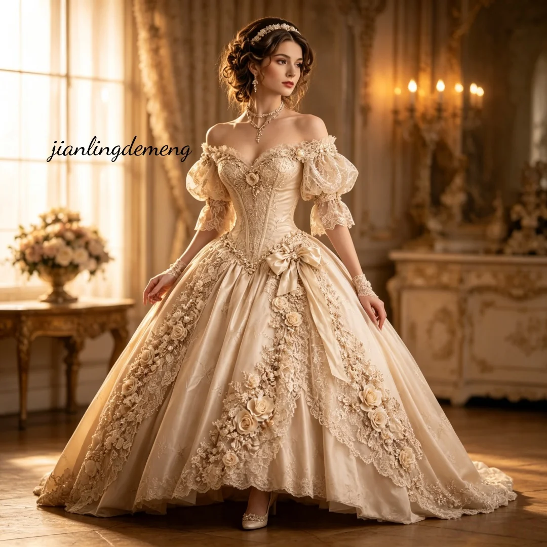 Victorian Vintage Champagne Satin Wedding Dress Off Shoulder Puff Sleeve Corset 3D Floral Lace Ball Gown Bridal Gown Customized