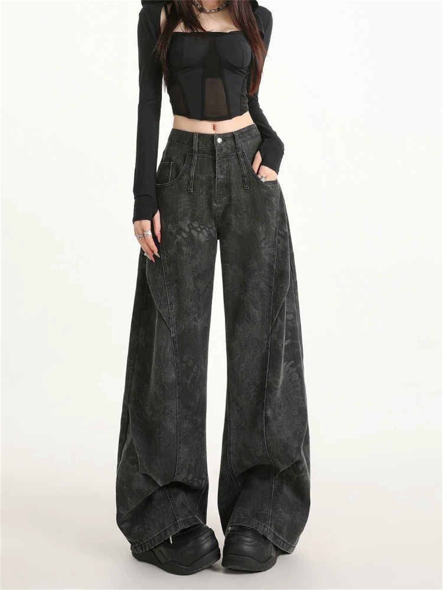 Celana Jeans Wanita Y2K Pinggang Tinggi Model Kaki Lebar Hitam Motif Subtil Gaya Gothic Streetwear Longgar