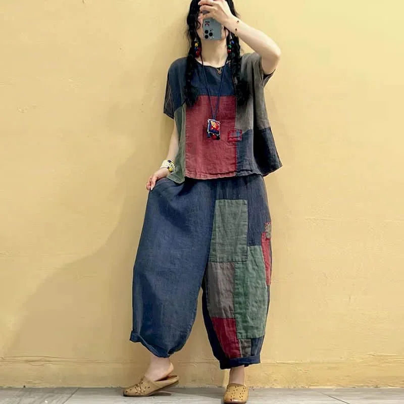 Bawełniane lniane zestawy spodni Patchwork Vintage koszula i codzienne spodnie haremowe ponadgabarytowe koreańskie modne dwuczęściowe zestawy damskie stroje