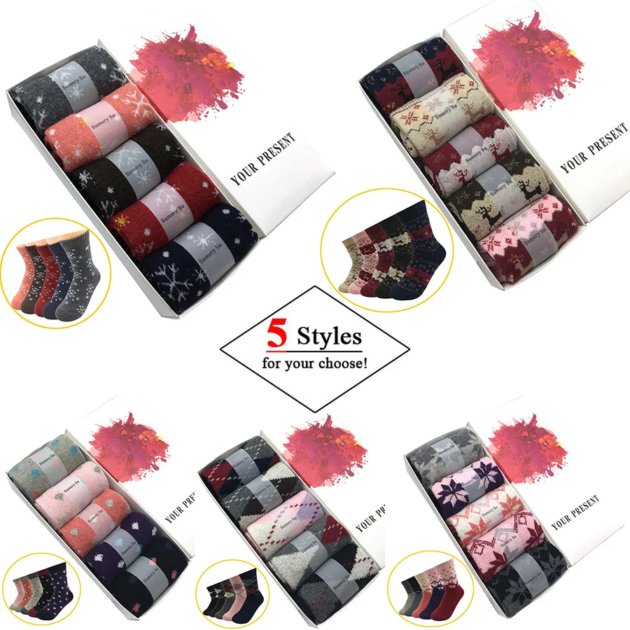 5 paia/lotto calzini di lana donna caldo inverno neve motivo floreale cervo Cashmere calzini caldi signore ragazze regalo di natale 5 stili