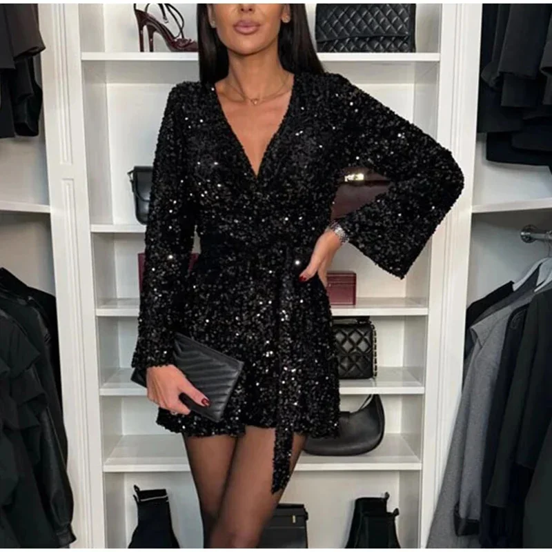 Sexy Shiny Sequin Women Romper Jumpsuit Elegant Black Deep V-neck Long Sleeve Wide Legs Playsuits New Female Club Party Shorts ﻿